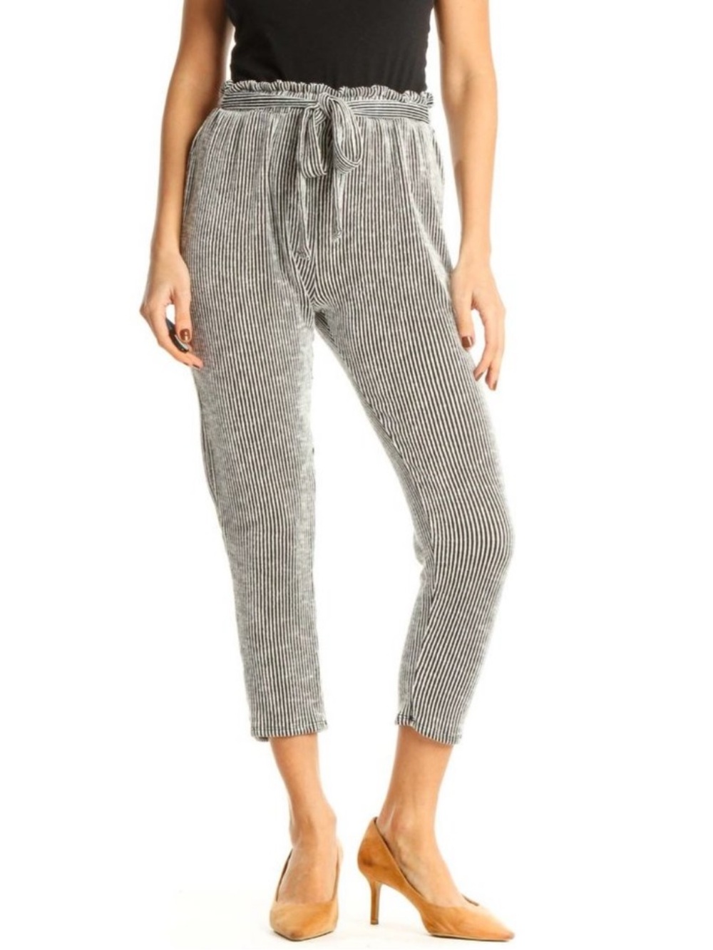 Caution to the Wind Gray Striped Paper Bag High-Waisted Self Tie Pants